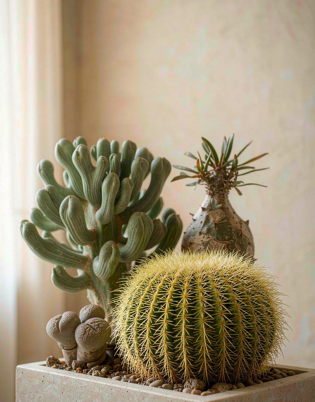 Rows of potted cactus and succulents on a nursery bench
