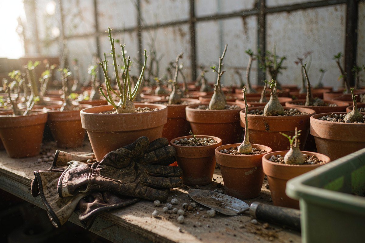 Potted stock on a working nursery bench